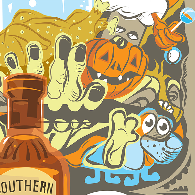Vodka southern comfort liquor bongang art Halloween poster hand type alcohol graveyard Ghosts skulls doodle characters
