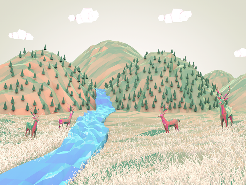 mountains grass  alaska  canada  tundra  nature  landscape  3d Low Poly  low polygons Ambient salmon Character dreamy wildlife