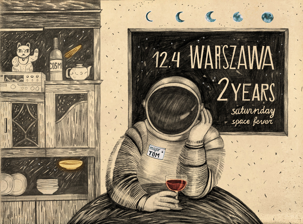 poster pencil Major Tom cosmic astronaut bar wine party universe Cat