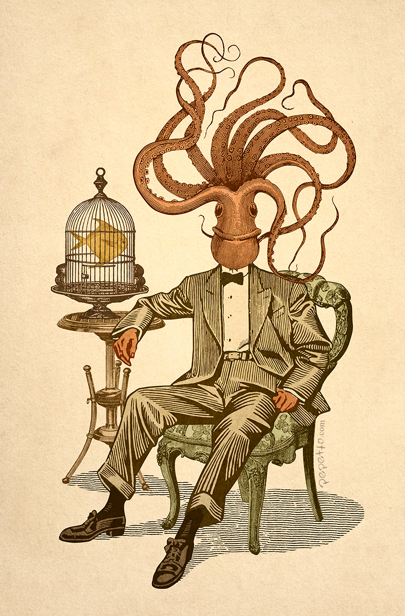 collage vintage surrealism pop octopus fish cage