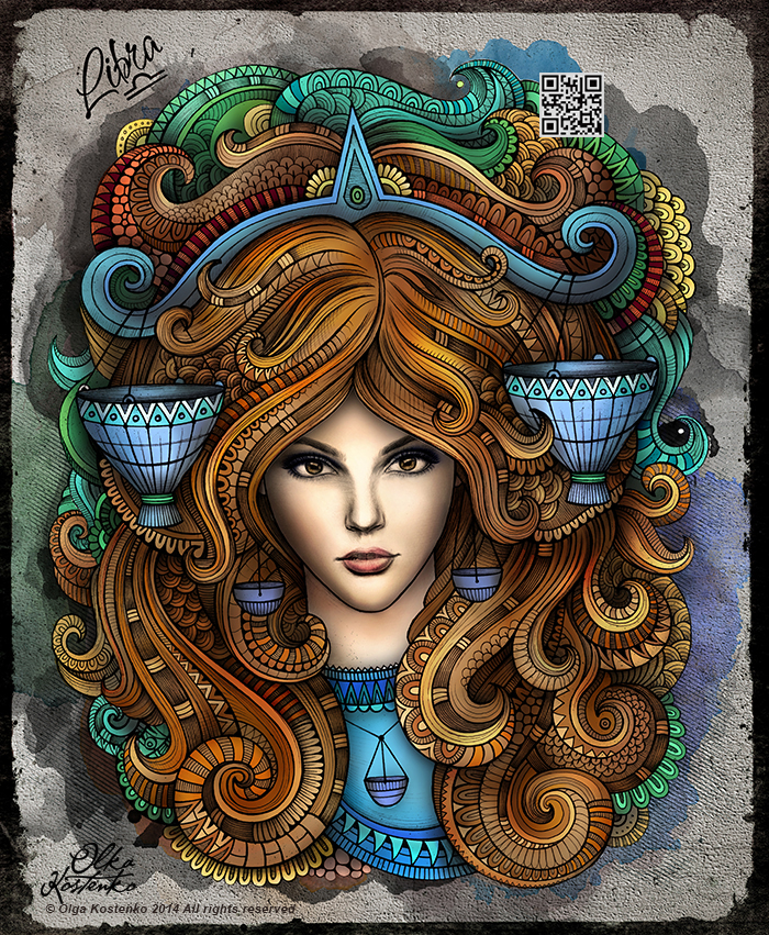 zodiac libra art fashion illustration woman face hair doodles Astrology creative decorative series hairstyle zodiac illustration girl