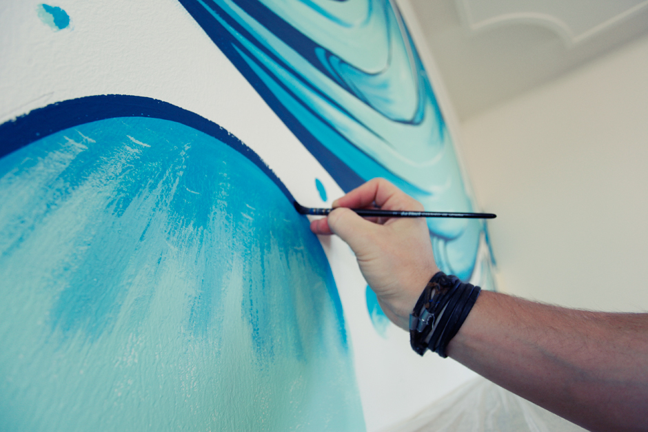 Mural paint brush Marker wave water blue sorcerer Rotterdam Data Big Wave wall painting Office