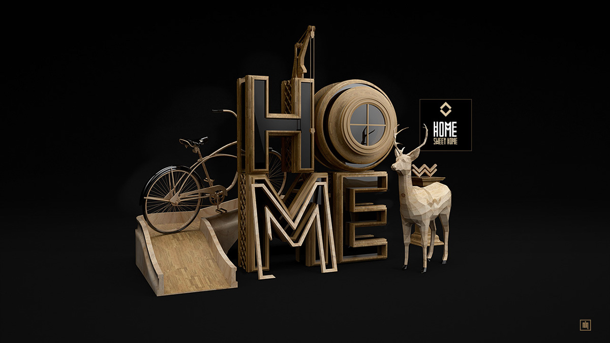 Home sweet home type 3D font typo wood plastic deer design