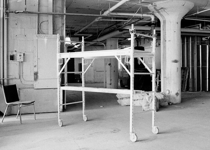Interior industrial black and white Ilford HP5 grain analog 35mm construction renovation Urban