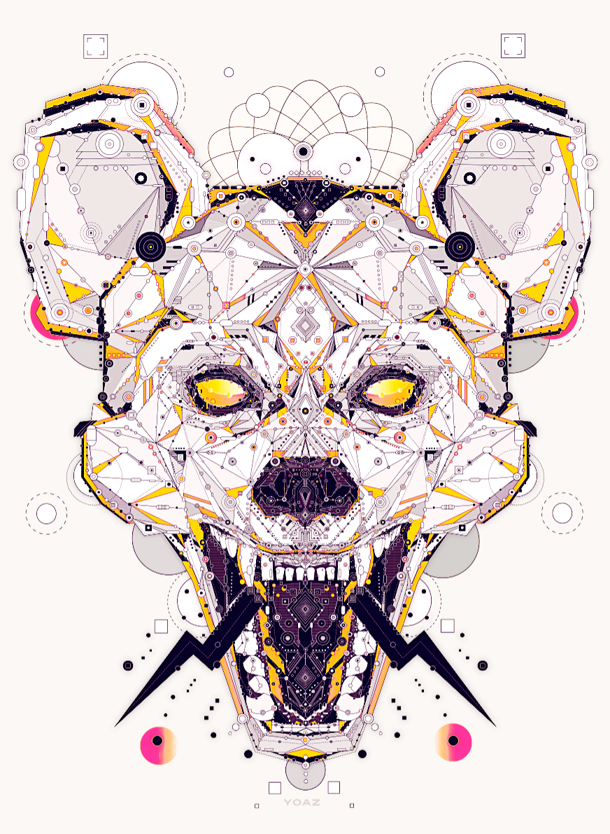 biomecanic animal electro circuitboard psychedelic Mandela yoaz geometric symetric owl deer monkey festival poster print