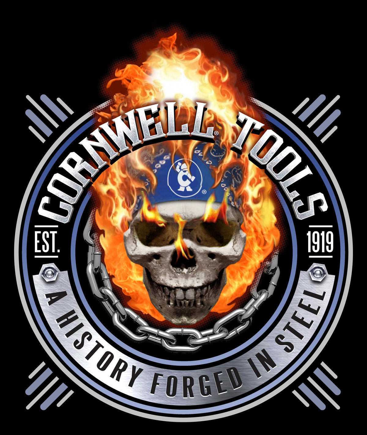 cornwell tools flaming skull skull retro crest logo forged in steel logan rogers