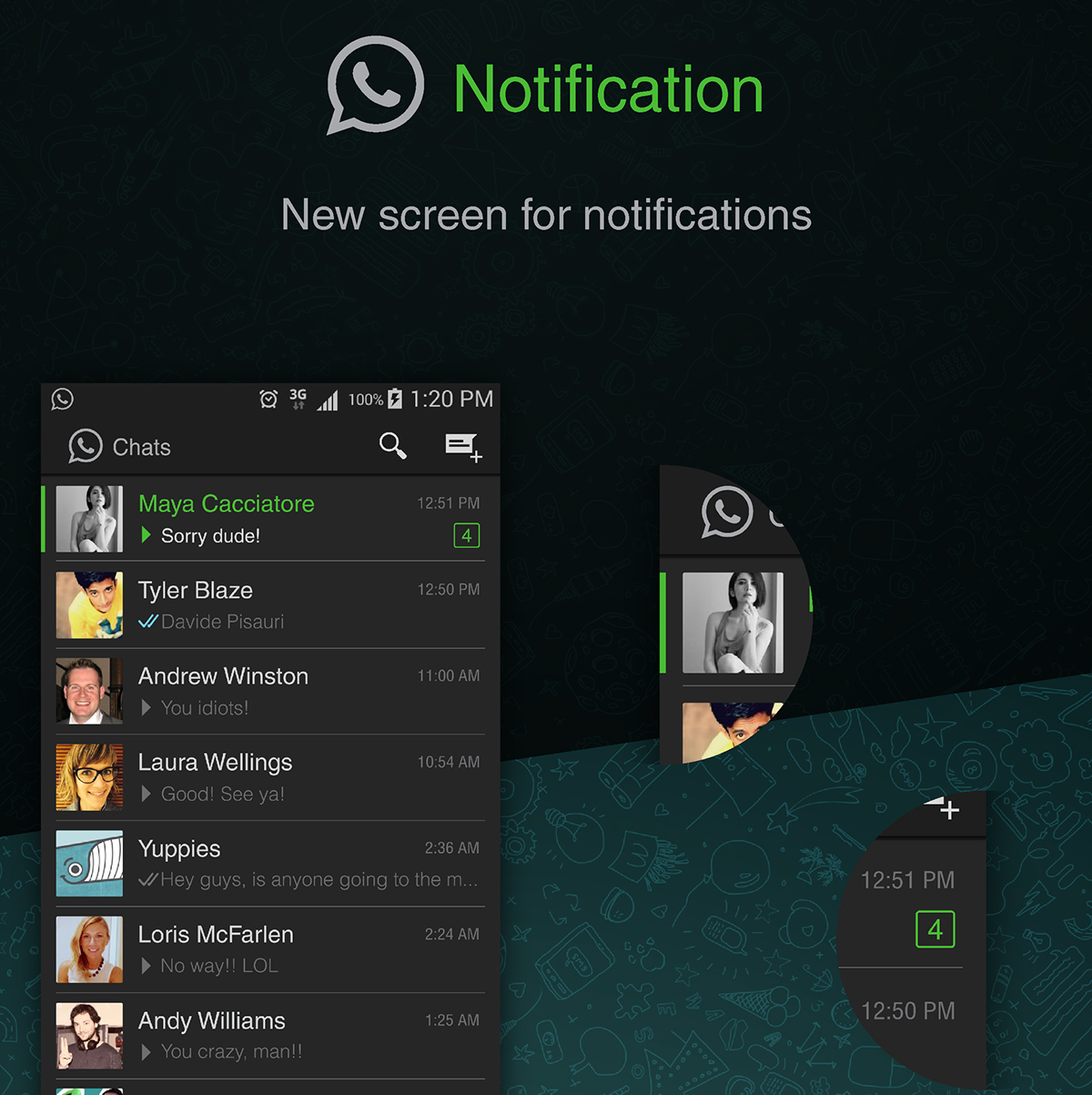 WhatsApp ux UI app android flat ui black green dark ui design UX design user interface redesign mobile iphone