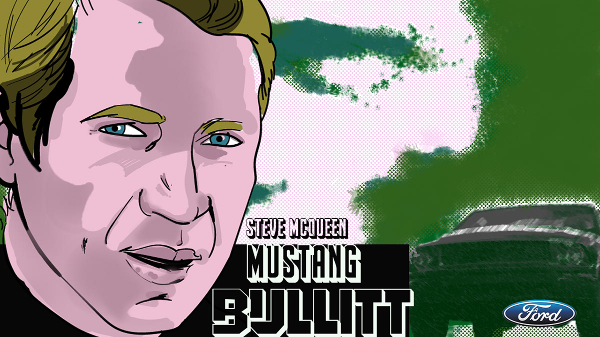 Steve McQueen "Bullitt" movie poster featuring his 1968 Mustang fastback