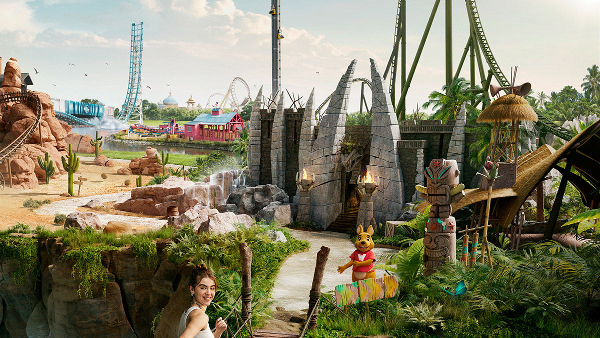 3D Attraction bridge CGI exotic organic rollercoaster stone themepark Tropical