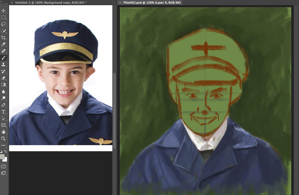 portrait sketching Pilot boy kid mother parents photoshop