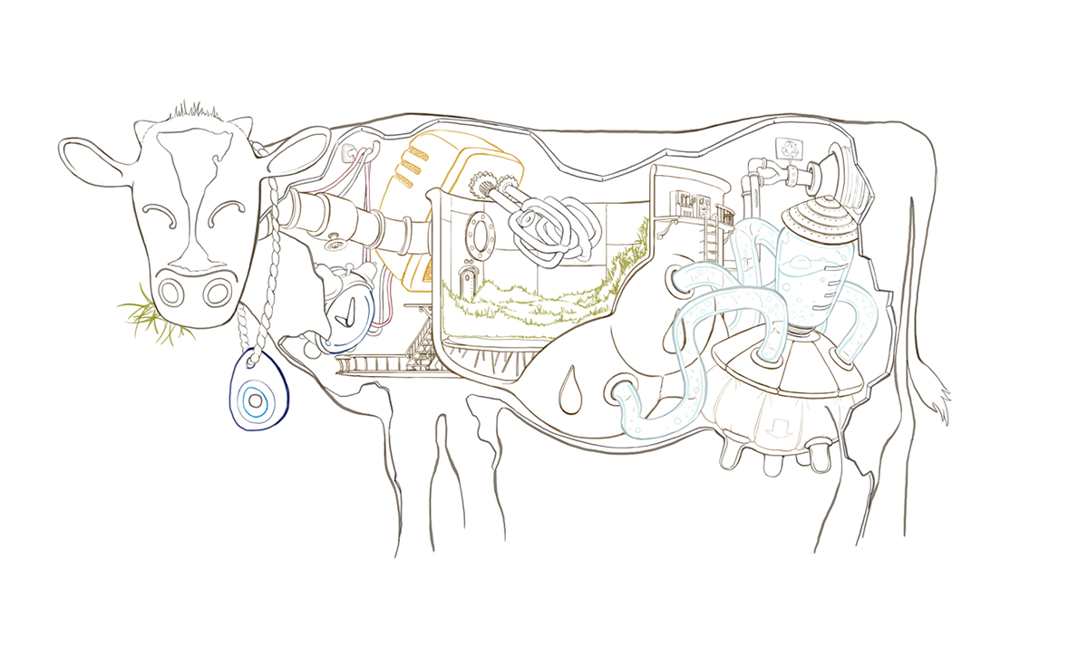 digital painting quirky factory magazine advert anatomical contraption animal cow anatomy pastel