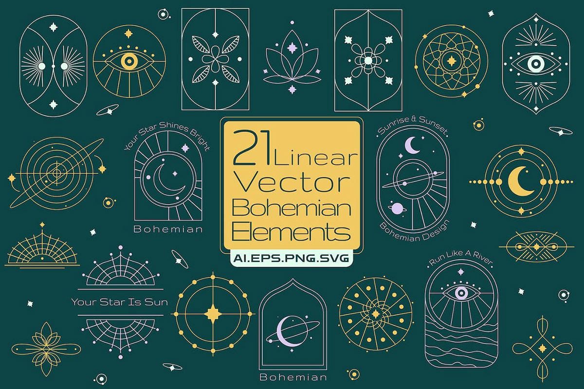 bohemian boho shapes elements artwork line logo vector lineart celestial