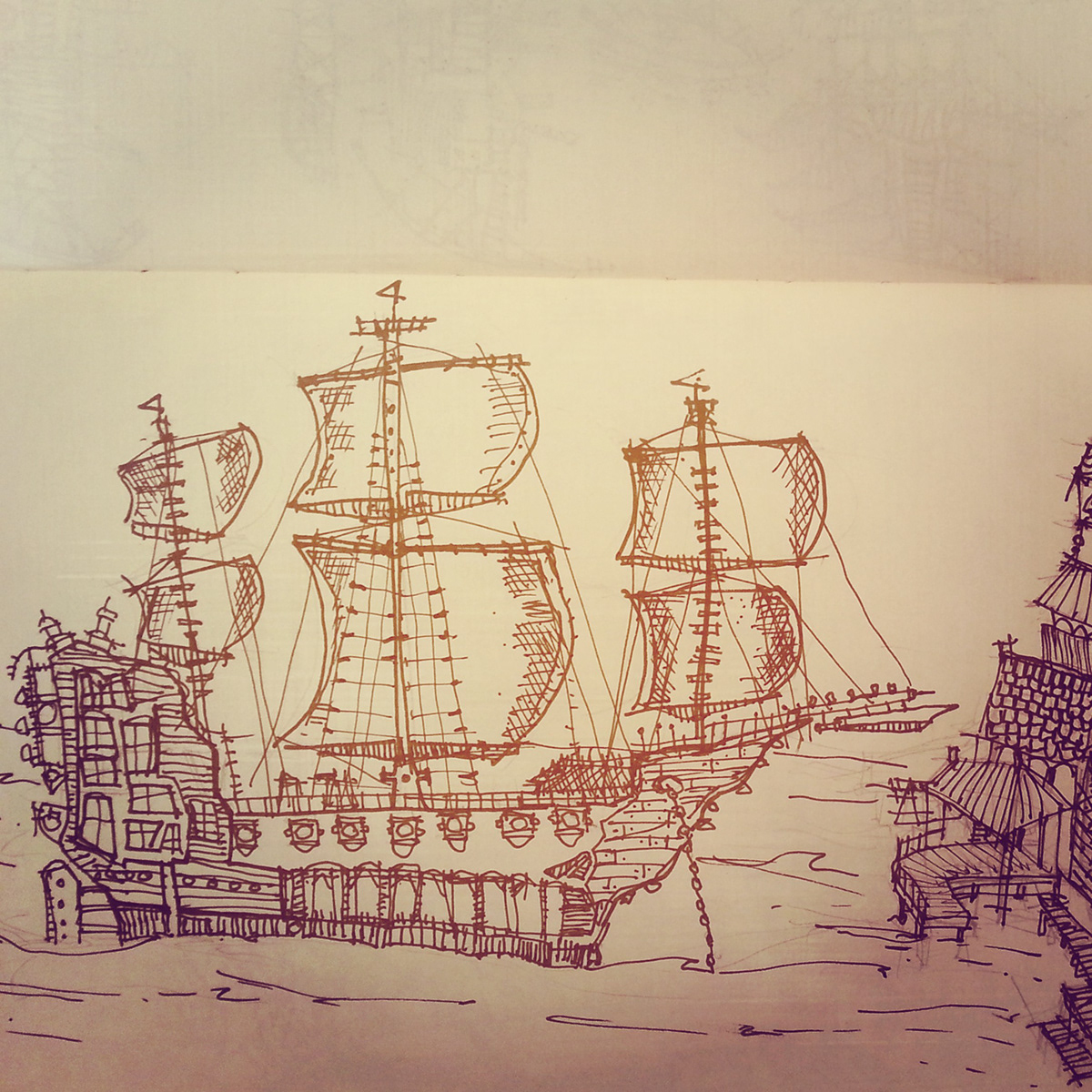 ink pencil rendering moleskine pirate ship