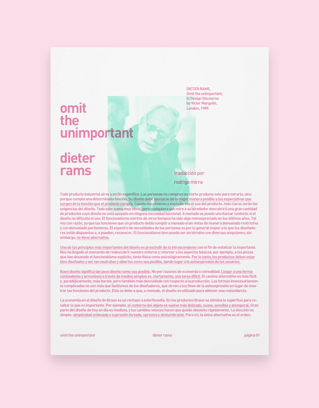 omit the unimportant español traducido Dieter Rams functionalism text printed inspiration poster Layout composition concept castellano clean White