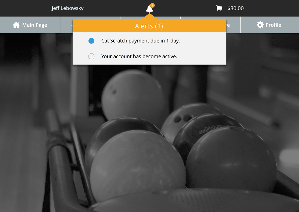 bowling UI league management payments food ordering
