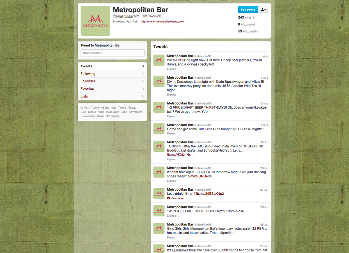 metropolitan bar  website twitter