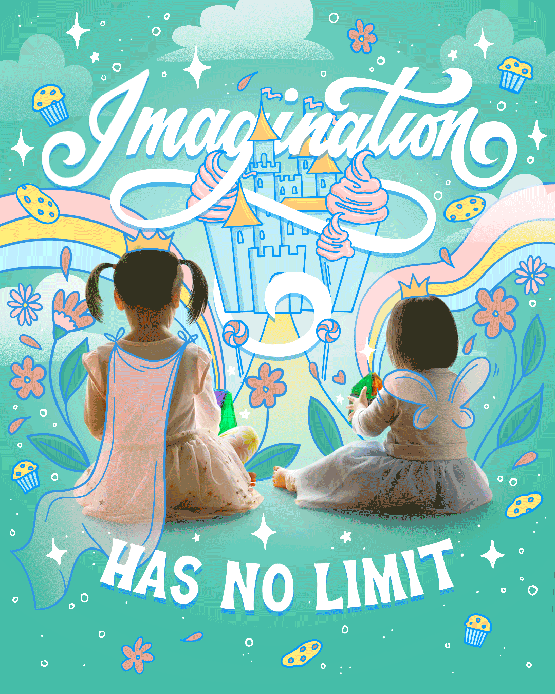 Magical, animated digital illustration on photo of two girls playing in an imaginary world