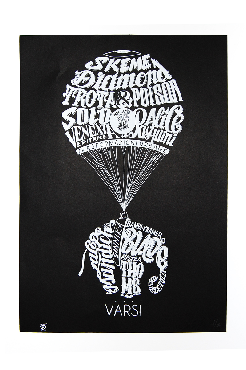 Calligram handmade gallery Pasquini   varsi diamond  Skeme Blade elephant balloon Serigraphy artwork poster anniversary