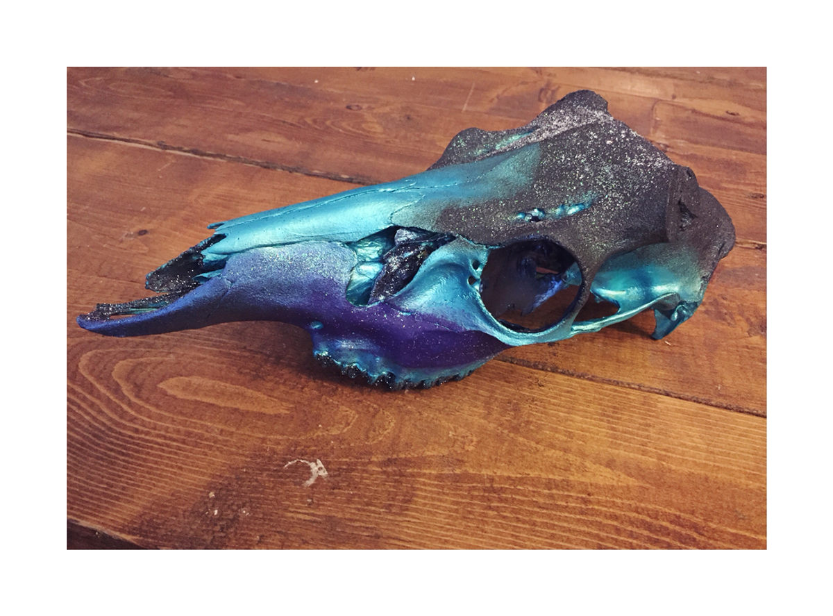 skull oddities painting   Glitter deer decor blue iridescent Interior dark