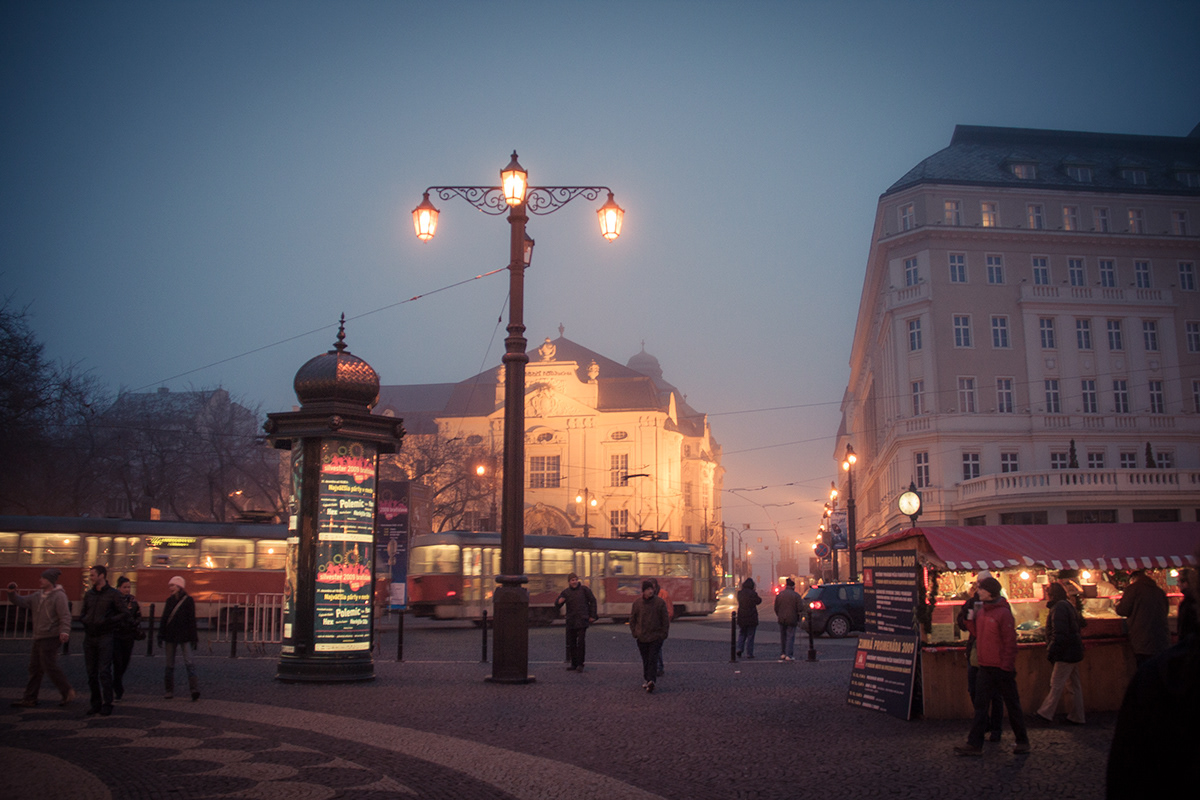Bratislava slovakia night fog mist winter black and white