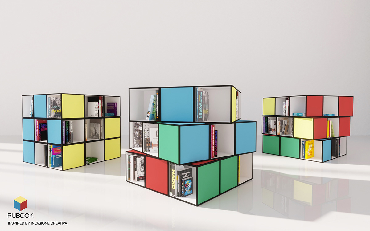 rubik cube furniture bookcase 3D design cool nerd book bookshelf