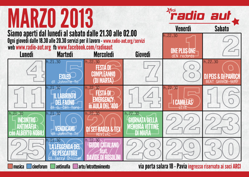 flyer Flyer Design schedule club schedule Antimafia Peppino Impastato radio aut art Events calendar red