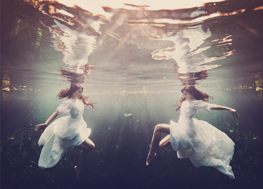 underwater  ilse moore  elsa bleda  bride  eyes  lillies  natural spring  water  wedding dress visual art