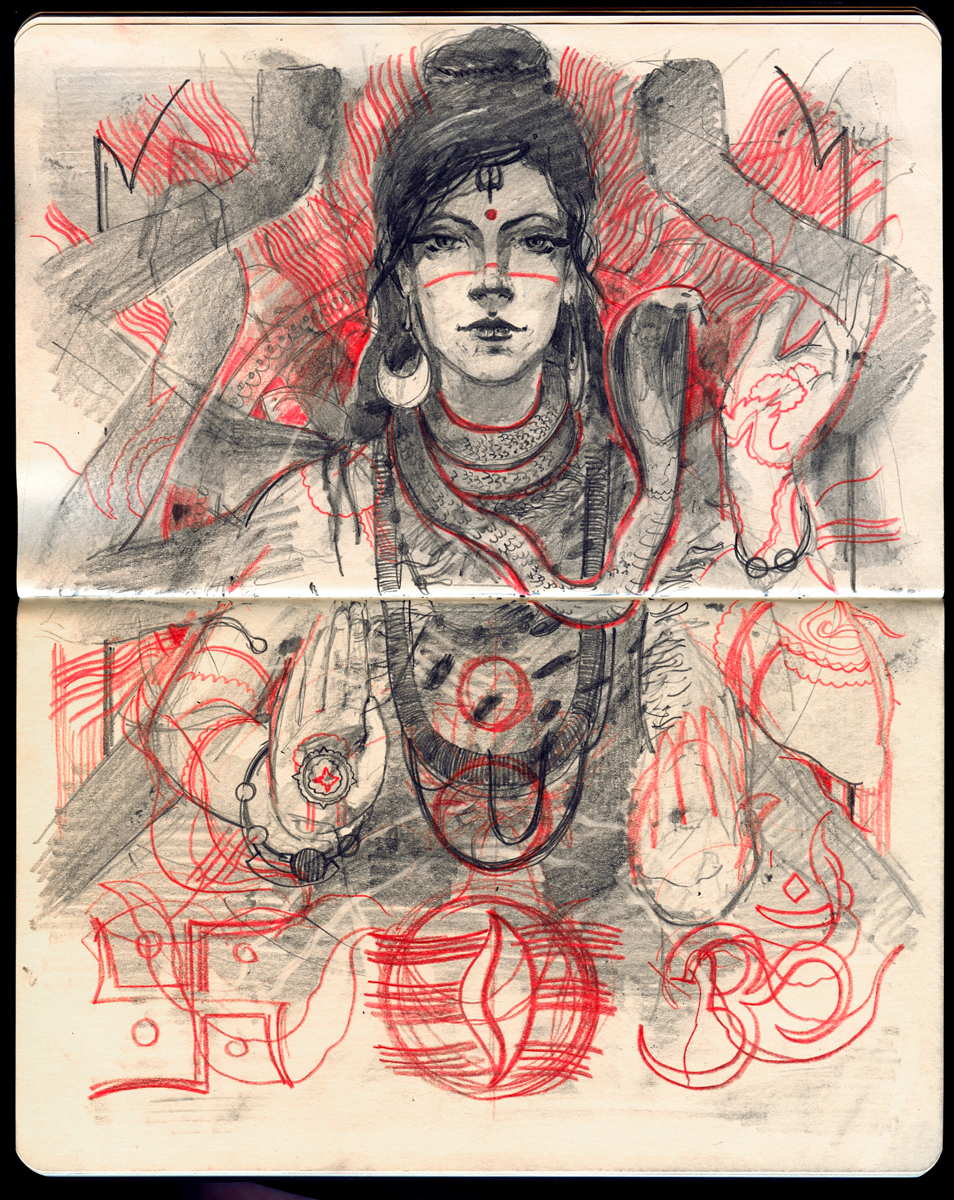 Ganesh ganesha shiva shri Hindu Mandala tattoo red black sketches sketch art graphite moleskine sketchbook
