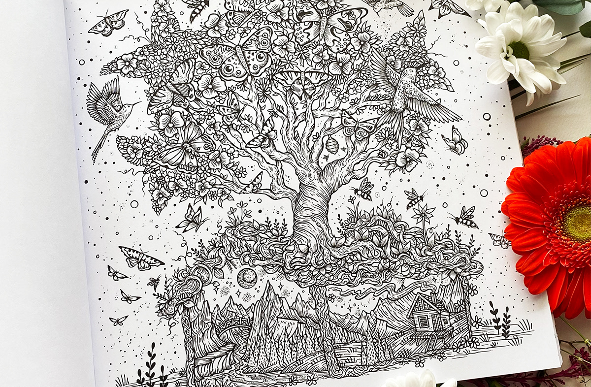 adult coloring book black and white book cover coloring book colouring book enchanted earth Landscape Magical Nature pen and ink