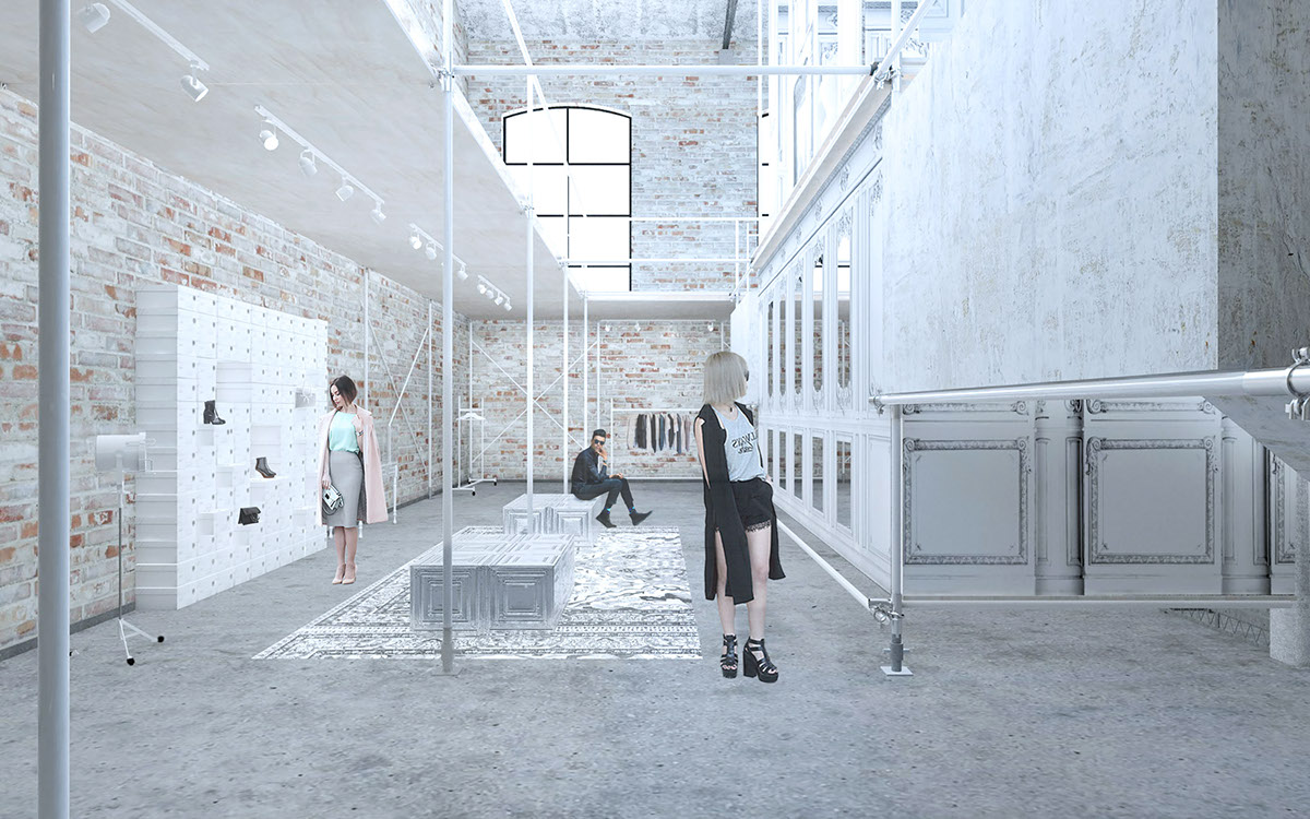 Concept store Interior design White margiela shop Clothing scaffolds