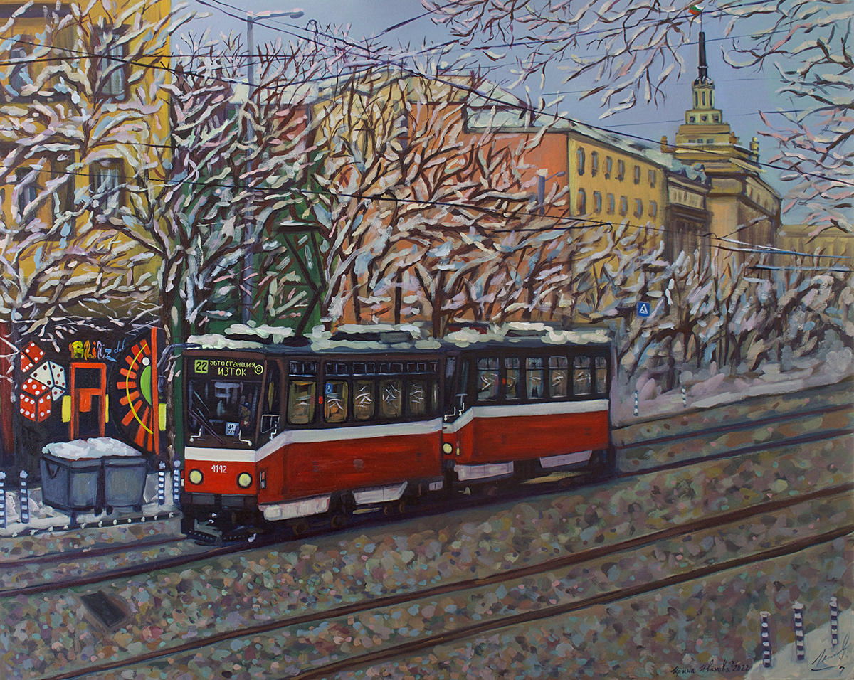 artist artwork city FINEART forest oilpainting painting   snow Trams winter