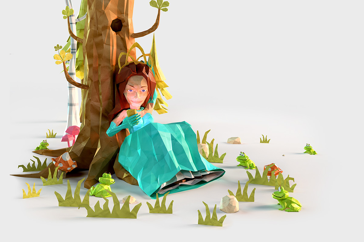 Low Poly lowpoly poly polygon polygonal fairytale face facets faceted paper Princess forest sleeping rapunzel prince