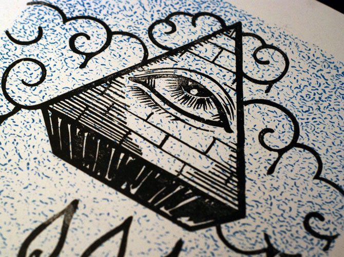 illusion piramid  simbols letterpress Amos Black ink &type optical poster vintage linocut