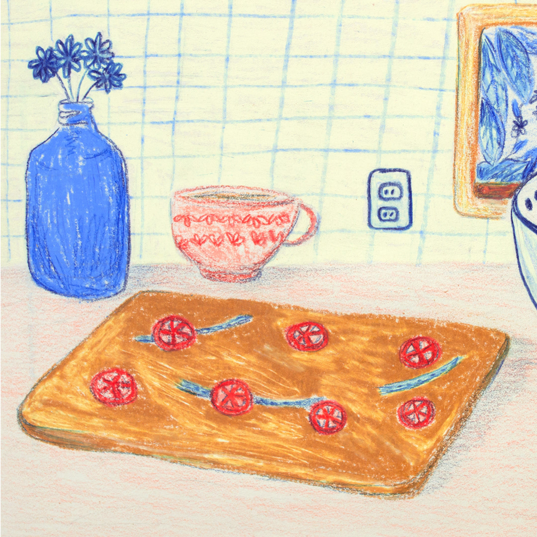 bread Focaccia Food  food illustration hand drawn home cooking kitchen oranges prismacolor still life