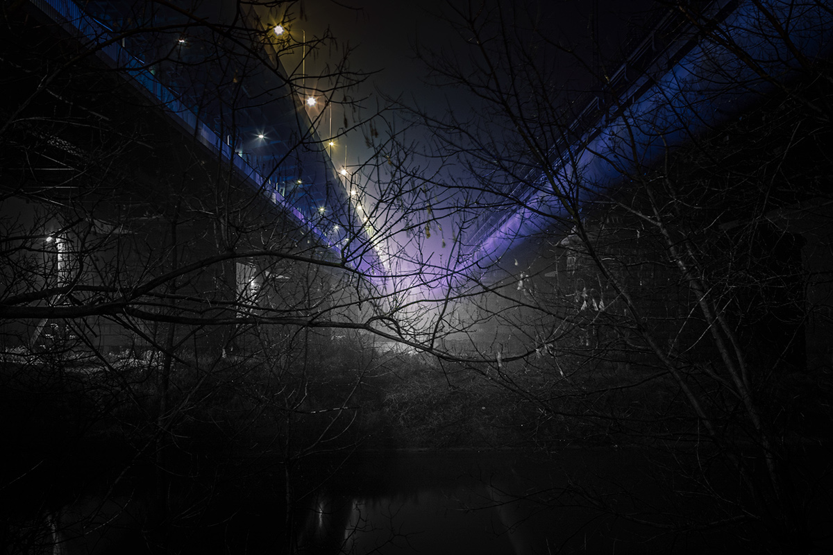 long exposure night mood black and white neon light trails fog warsaw city bridge