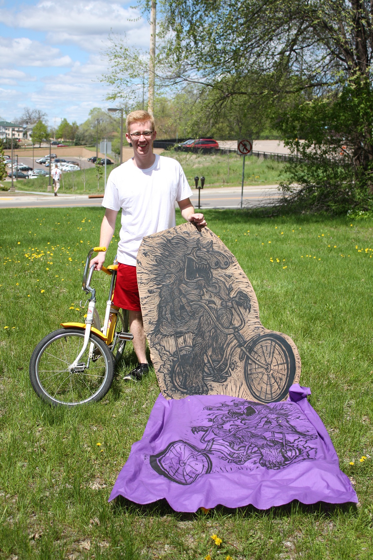 relief woodcut printmaking print sasquatch Bike Bicycle big foot yeti