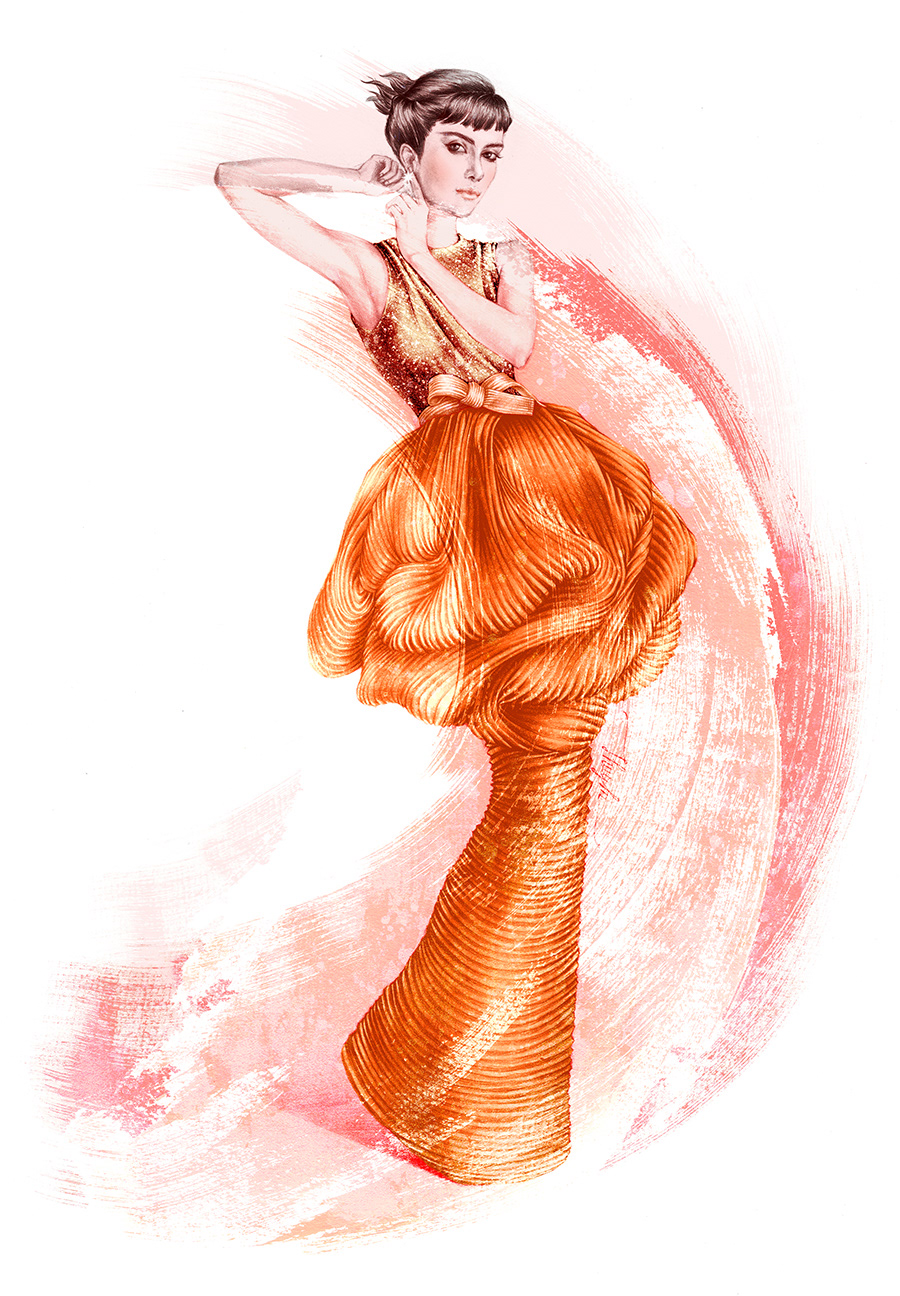 Fashion  ILLUSTRATION  Illustrator watercolor mixed media art Style Pencil drawing model orange