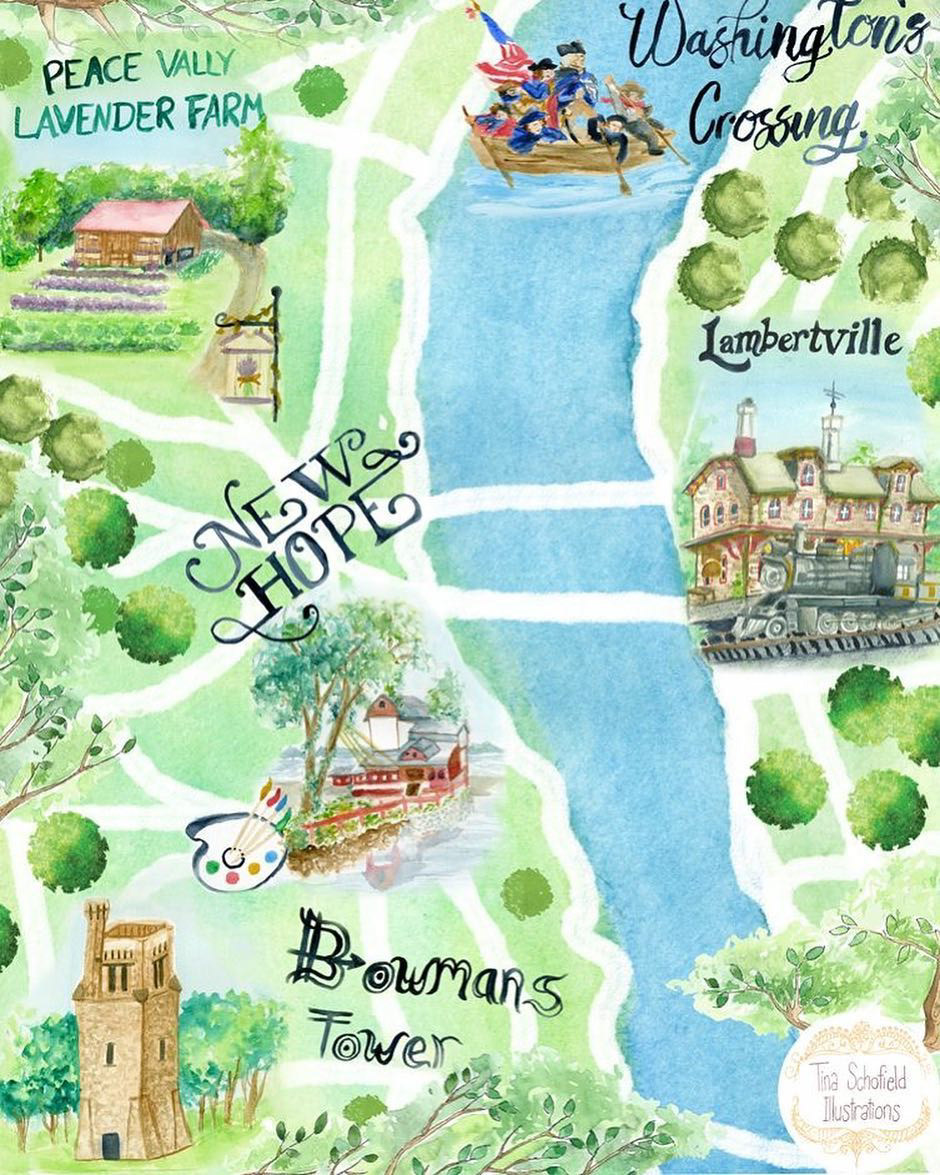 Bucks County illustrated maps watercolor HAND LETTERING watercolor landmarks historic illustration Delaware River Tourist art