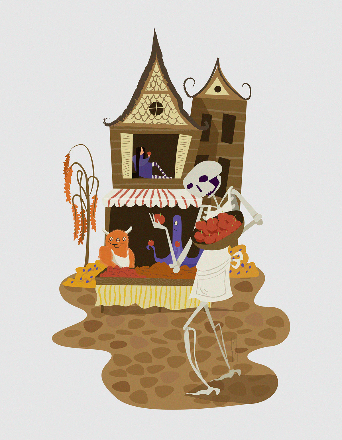 Halloween vector midcentury graphic gothic cute funny Victorian skulls skeleton witch monsters cemetary Cat house