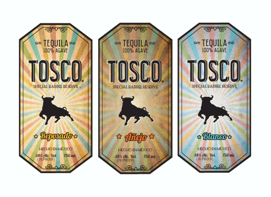 Tequila Tosco botella etiquetas embalaje diseño
