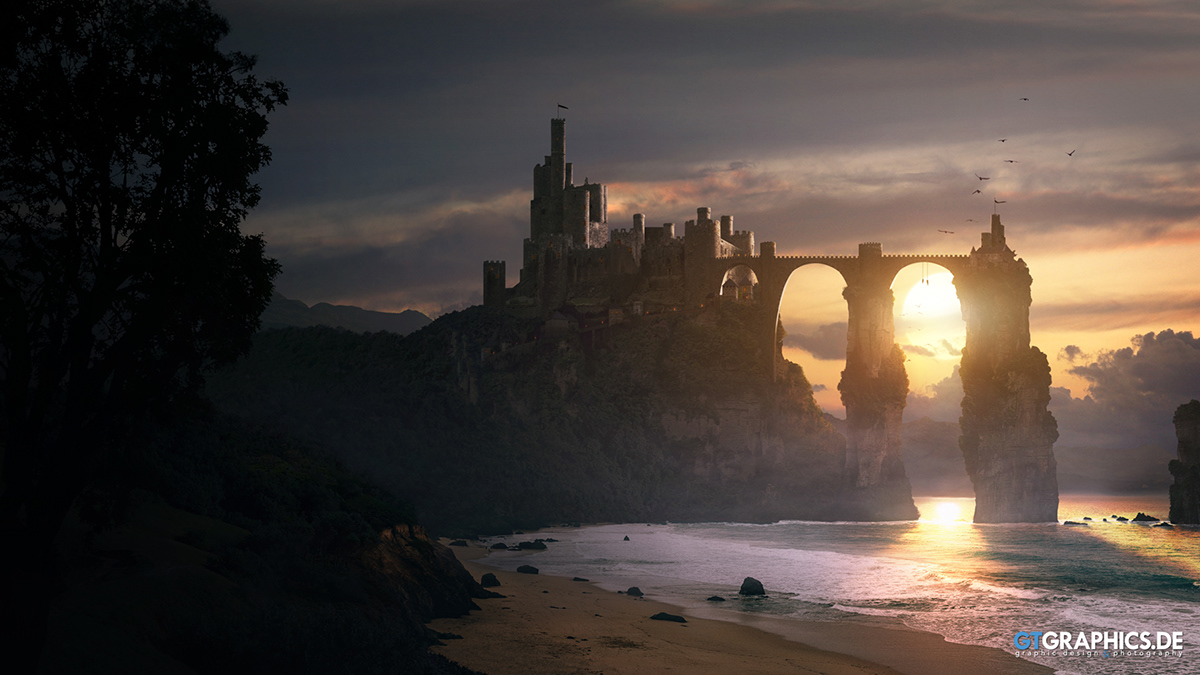 fortress sea Coast fantasy wallpaper gtgraphics roetsch Castle sunset medieval