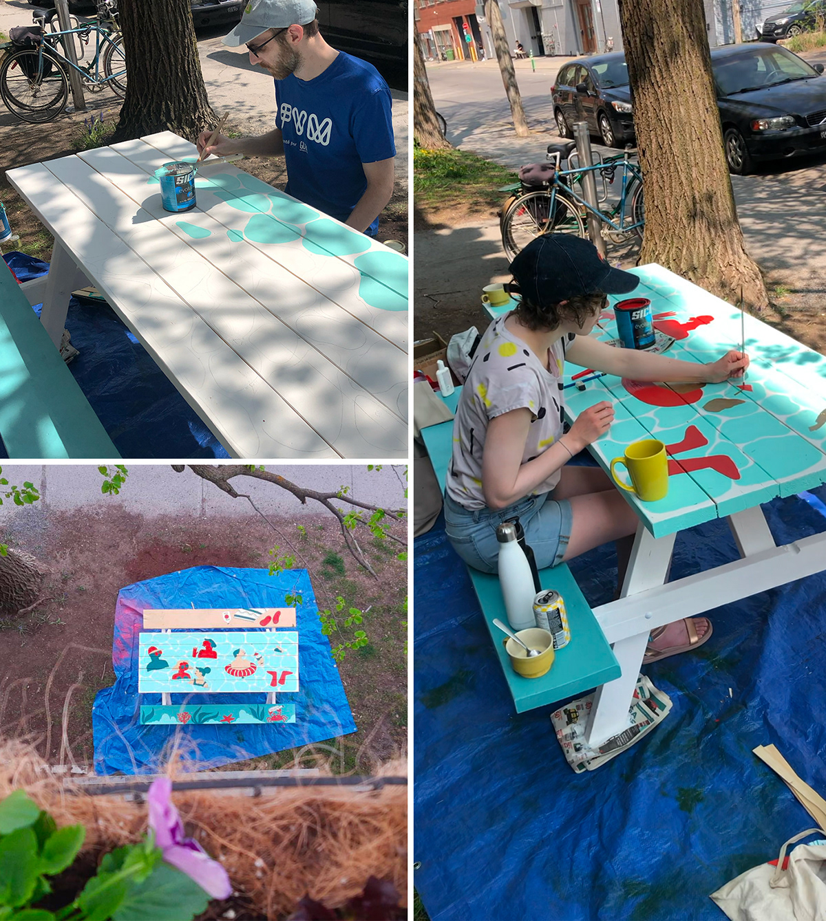 Two people painting a visual on a picnic table