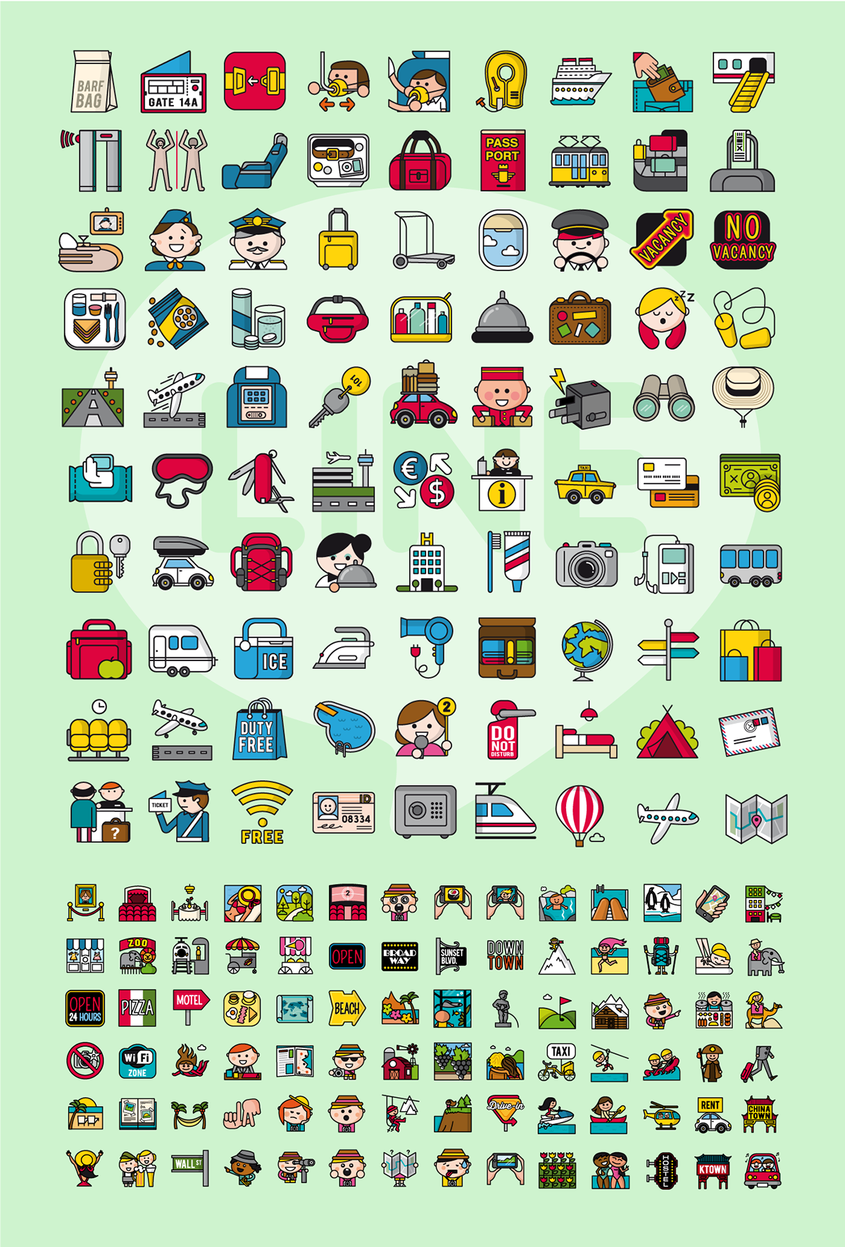Ilustraciones de diferentes emojis del pack para Line Travel, leisure and tourism