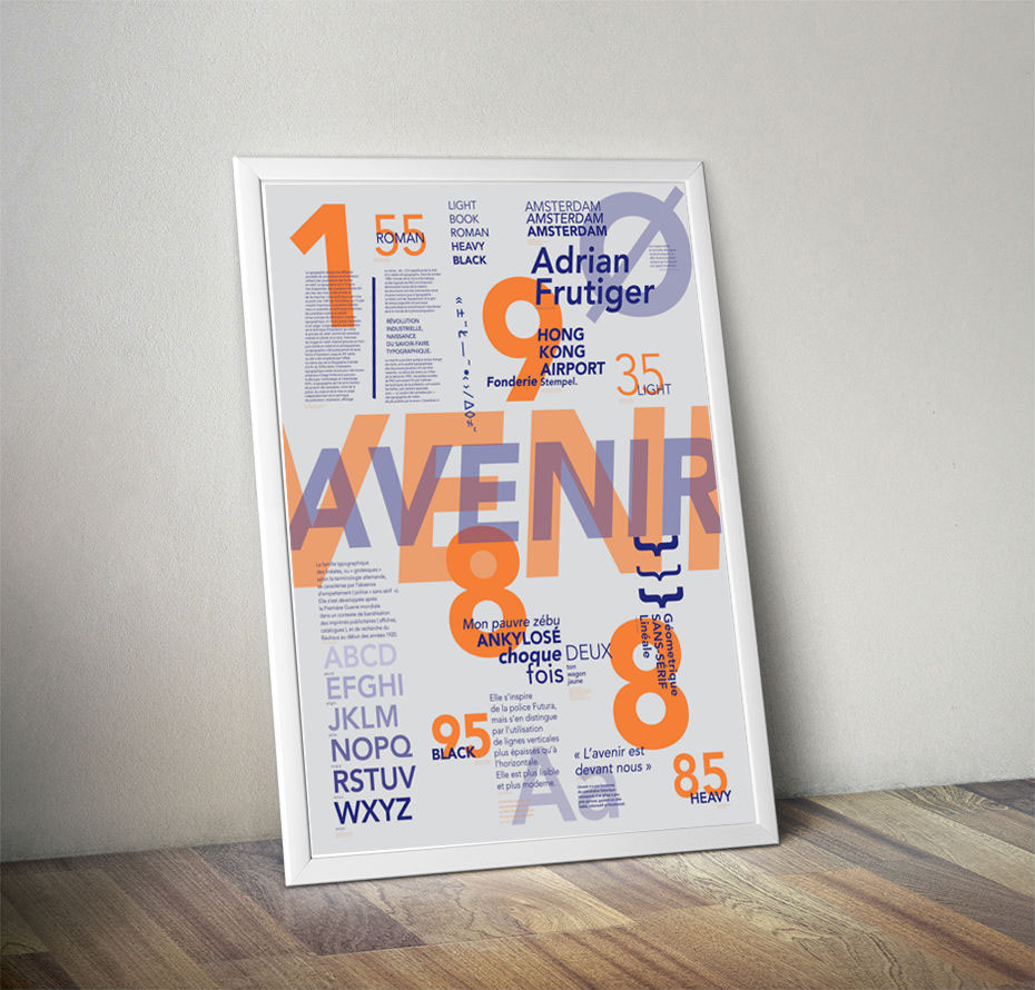 typo  Avenir specimen poster pantone colours orange blue
