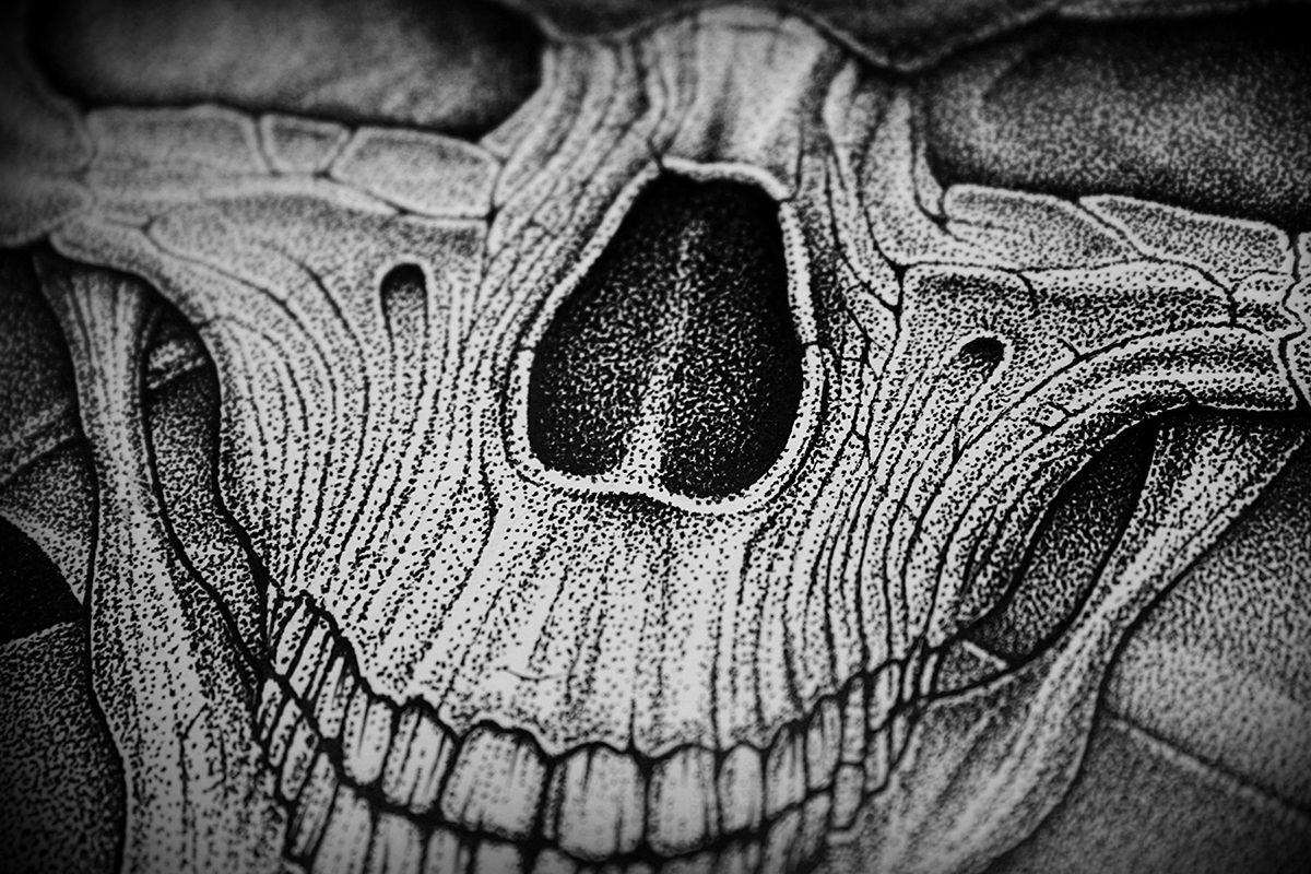 dotwork graphic skull demon dark art knifes horns stippling Pointillism ink skulls human skull design art print
