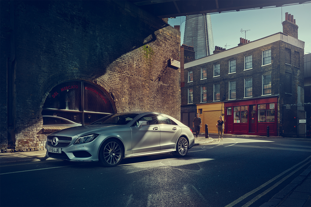 mercedes Benz CLS coupe London car carphotography pure mood sunlight Shades silver shoreditch Hackney editorial