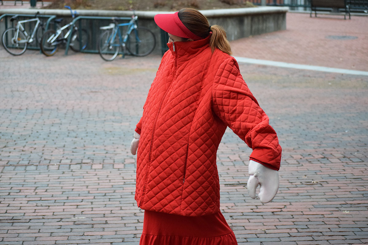 Performance public porcelain lobster Lady kennedy plaza sculpture red coat cigarette