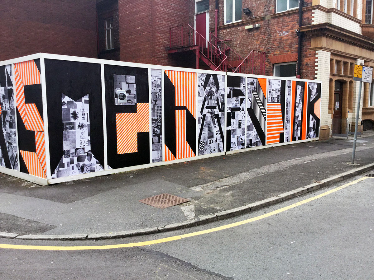 play manchester degree show design SuperGraphics wall art anthony burril typo Hoarding Promotion School of art