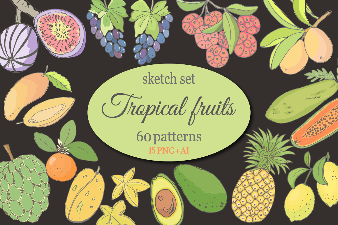 Tropical watercolor Fruit Thailand summer pattern palm botanical Vegetarian citrus