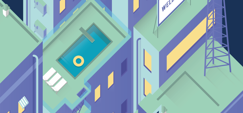 flat city night Isometric Perspective builds Pool lights